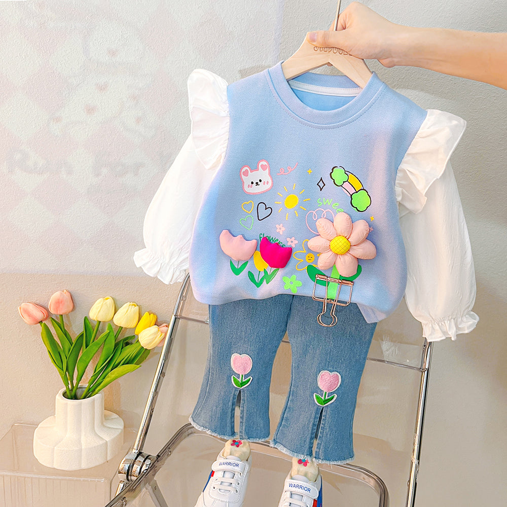Baby Girls Lace Floral T-Shirt and Jeans Outfit Set