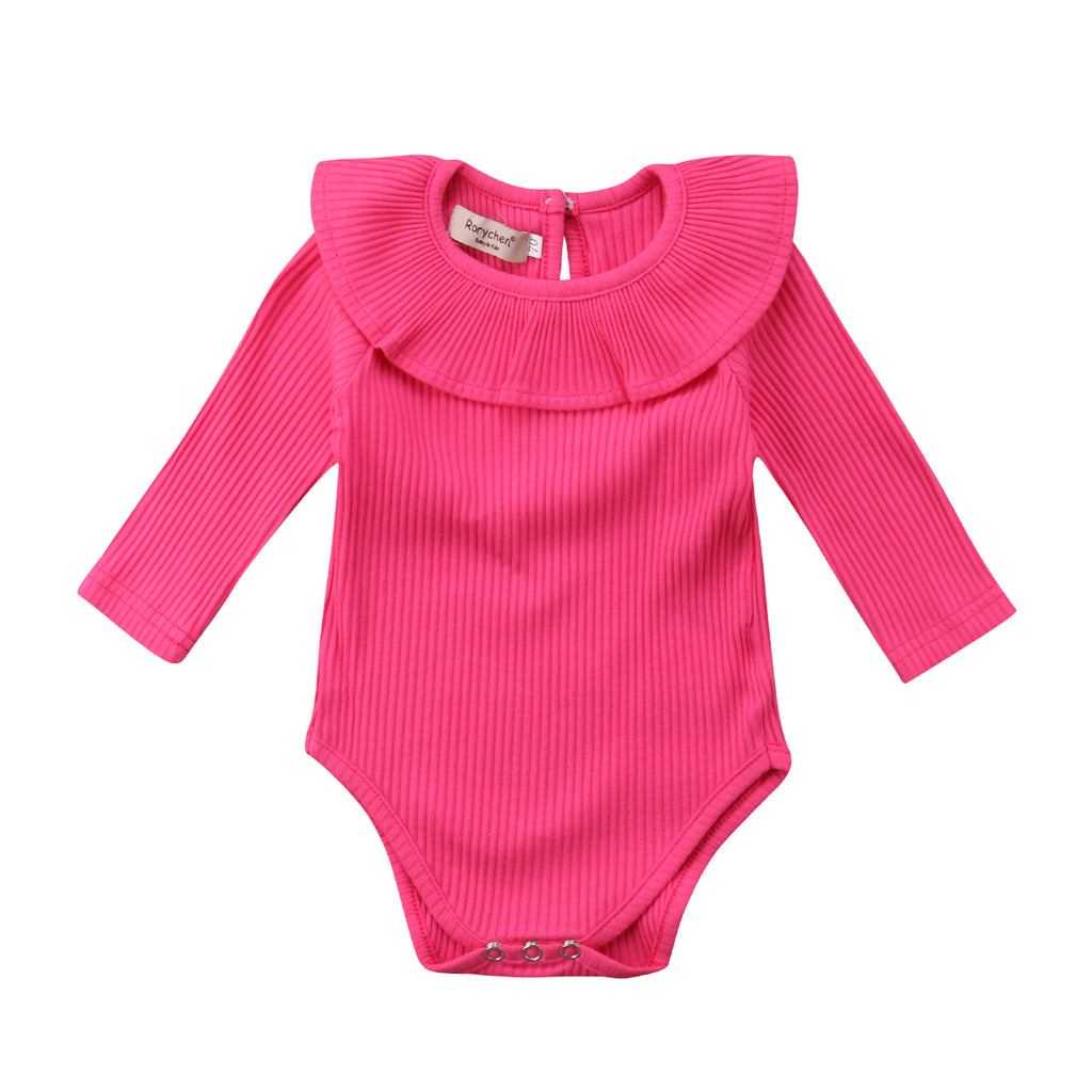 Long Sleeve Ruffled Solid Color Baby Romper Outfit