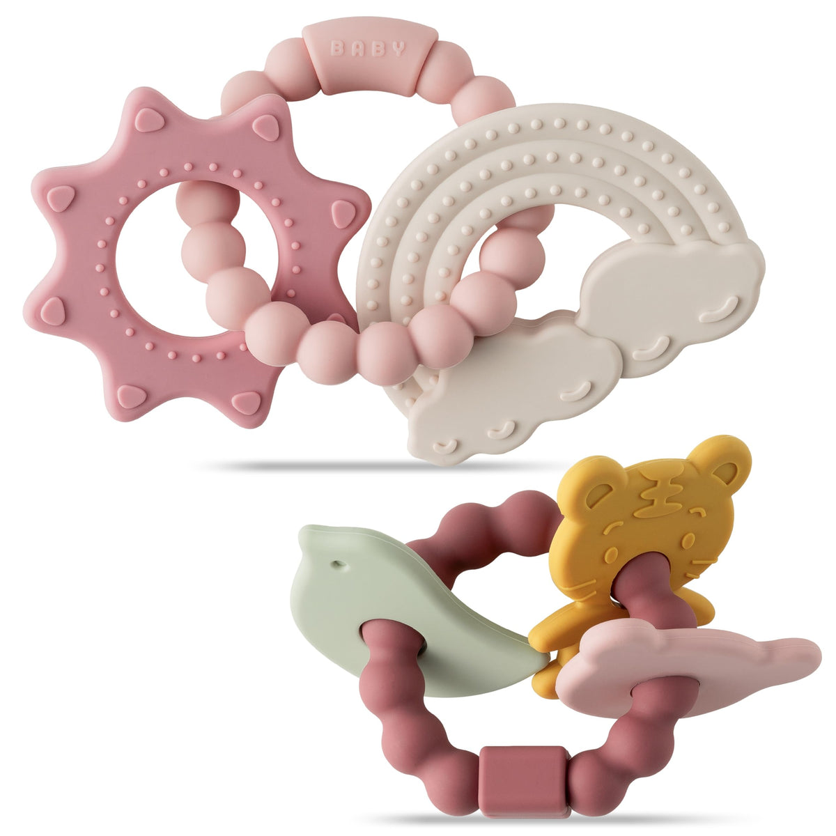 2ooya Baby Silicone Teething Toys - 2Pcs Valentine Teething Ring Baby Soft Teethers Rainbow Bear Design Teether Toys Toddler Teething Chew Toys Baby Shower Valentines Day Gifts for Baby Boy and Girl