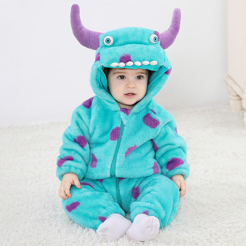 Autumn New Baby Blue Fleece One-Piece Monster Outfit