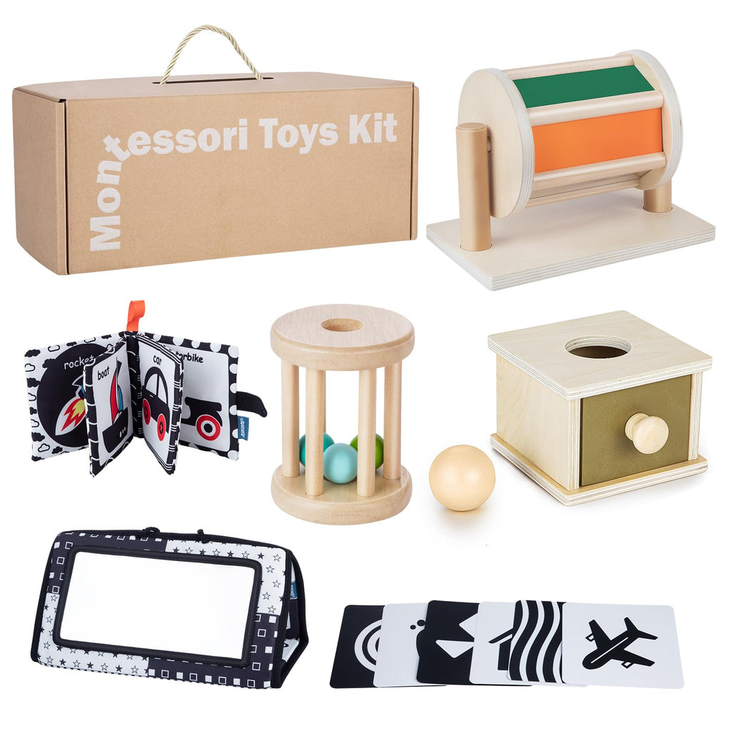 Early Learning Toy for 0-6 Months Montessori Baby Toys 6 in 1 Learning Educational Set - Object Permanence Box Baby Roller Spinning Drum Black and White High Contrast Baby Toys Tummy Time Mirror