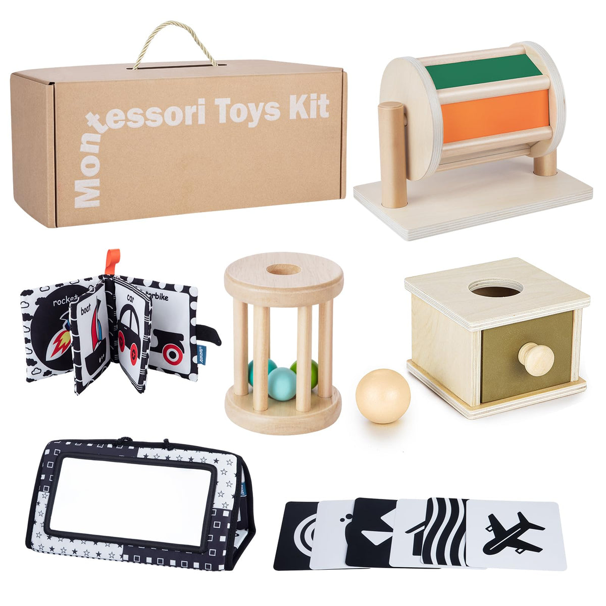 Early Learning Toy for 0-6 Months Montessori Baby Toys 6 in 1 Learning Educational Set - Object Permanence Box Baby Roller Spinning Drum Black and White High Contrast Baby Toys Tummy Time Mirror