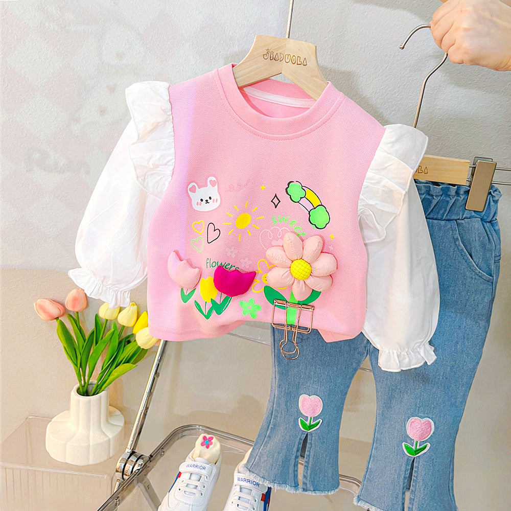 Baby Girls Lace Floral T-Shirt and Jeans Outfit Set