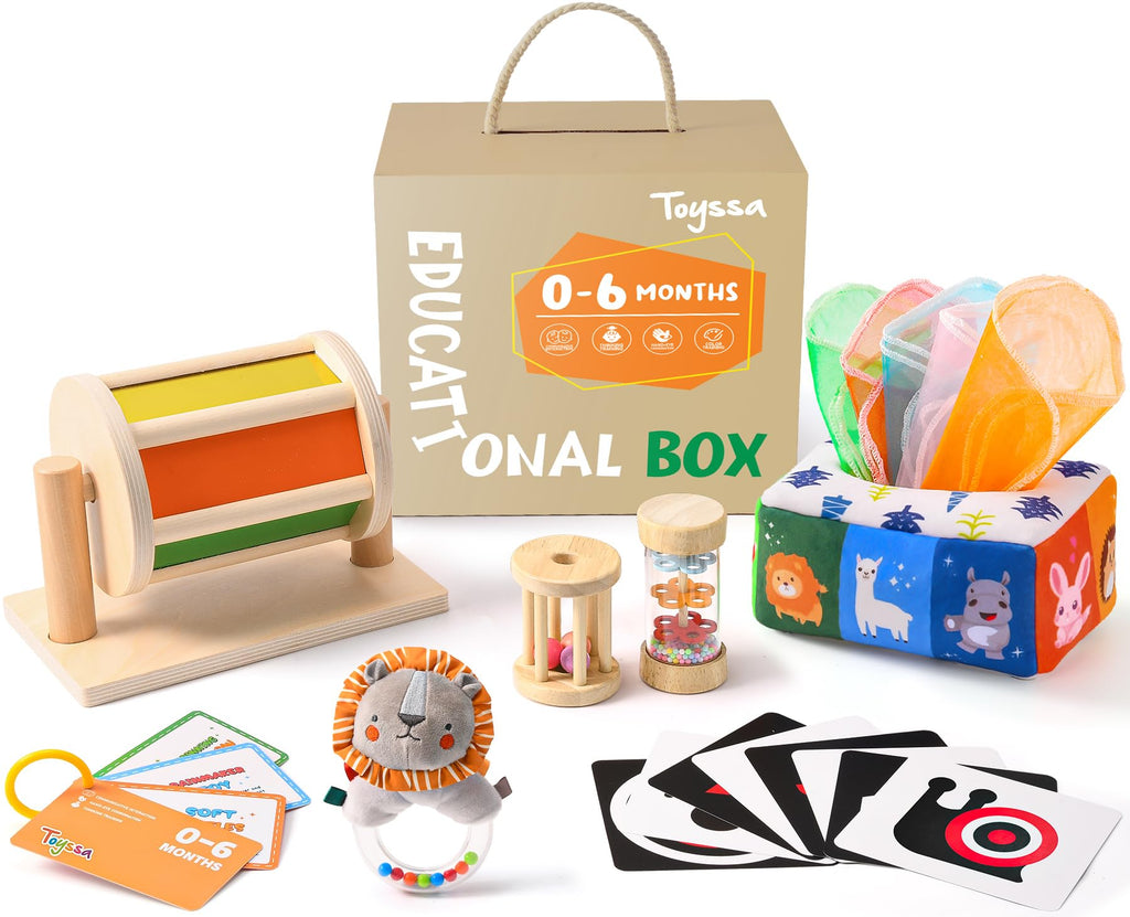 Toyssa Montessori Toys for Babies 0-6 Months 6 in 1 Wooden Learning Educational Sensory Toys with Spinning Drum & Tissue Toys & Baby Rattle & Flash Card Birthday Gifts for Babies Boys Girls