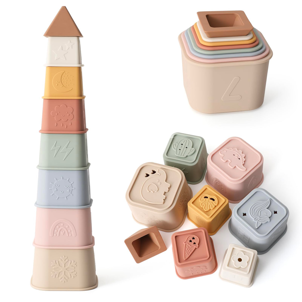 Baby Stacking Cups Toy Silicone Stacking Tower Silicone Soft Teething Toy Educational Baby Toys Baby Building Toys Blocks 6 Months+ 8 Pcs Set-Gentle