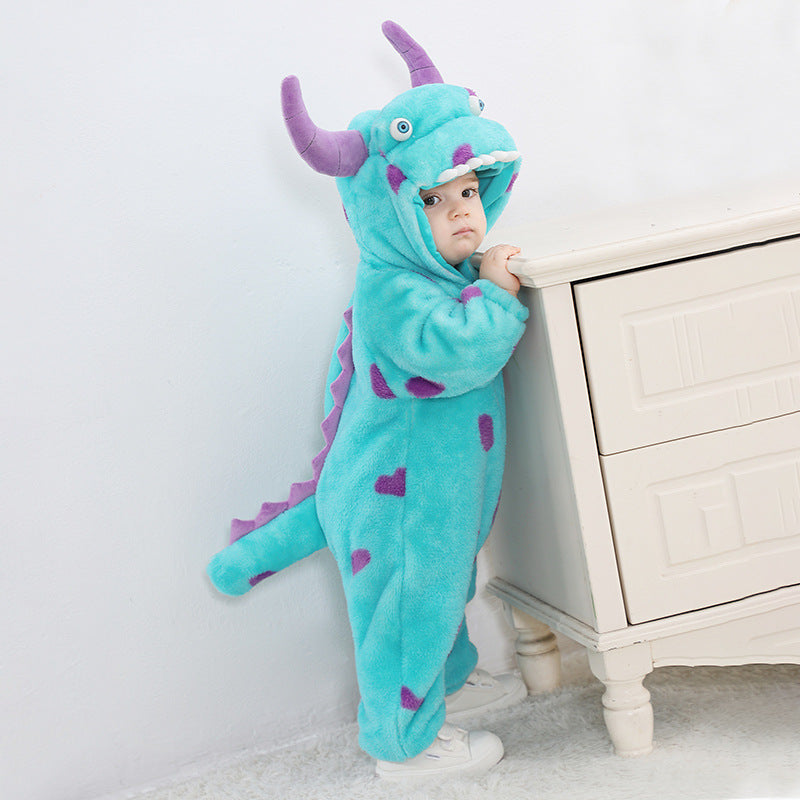 Autumn New Baby Blue Fleece One-Piece Monster Outfit