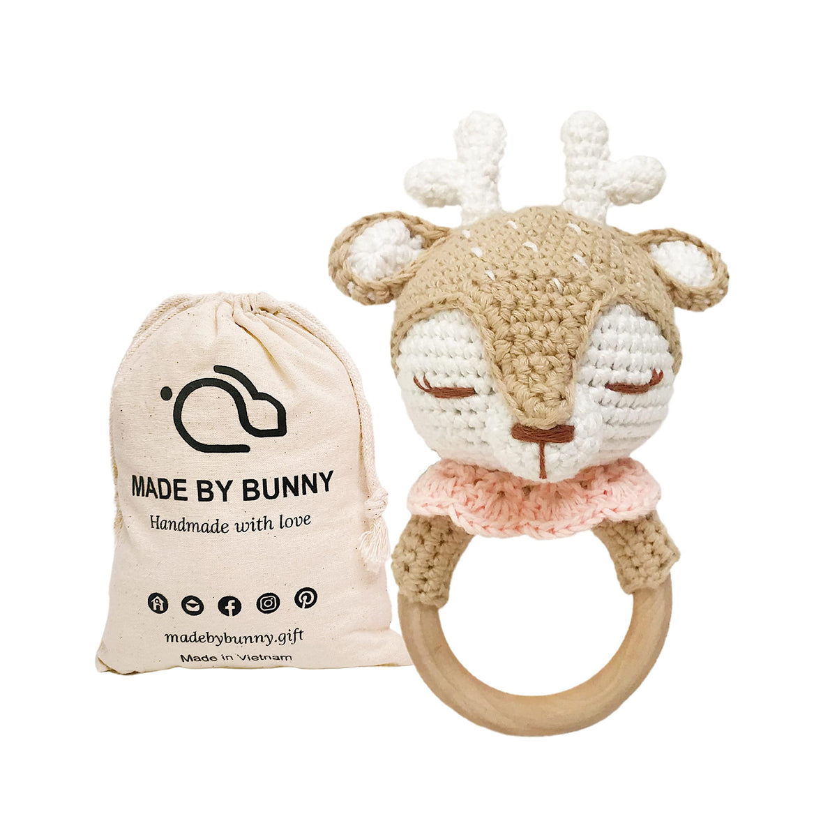 Bunny - Rattle for Young Children Handmade Woolen Toy Visual and Sensory Enhancing Toy with Strict Quality Testing Process usable as House Decoration (Beige Reindeer)