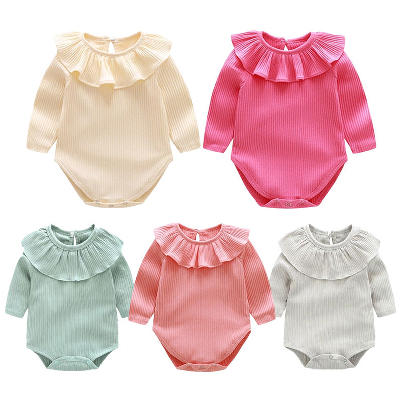 Long Sleeve Ruffled Solid Color Baby Romper Outfit