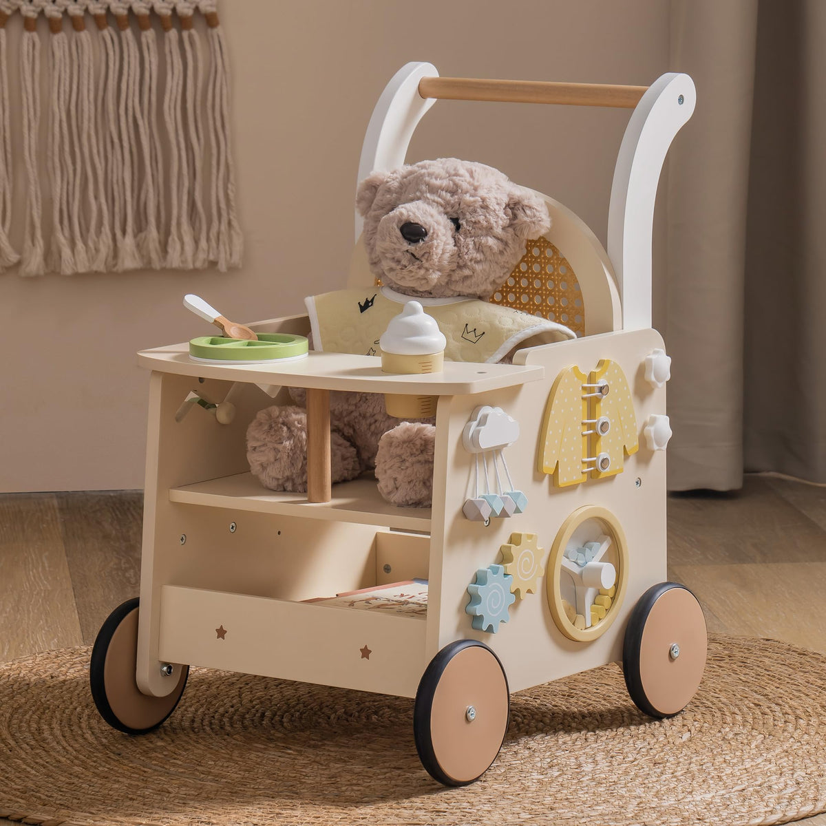 ROBOTIME Wooden Baby Walker Baby Push Walker Baby Activity Center Toys - Toddler Walking Activity Center Push Toys with Safety Brake Baby Walker for Motor Skills (Rattan Doll Walker)