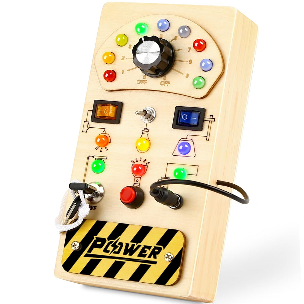 Joyreal Toddler Busy Board Wooden Montessori Busy Board Sensory Board with LED Light Switch Sensory Toys Baby Fidget Board Travel Toys for 1+ Year Old Baby and Toddler