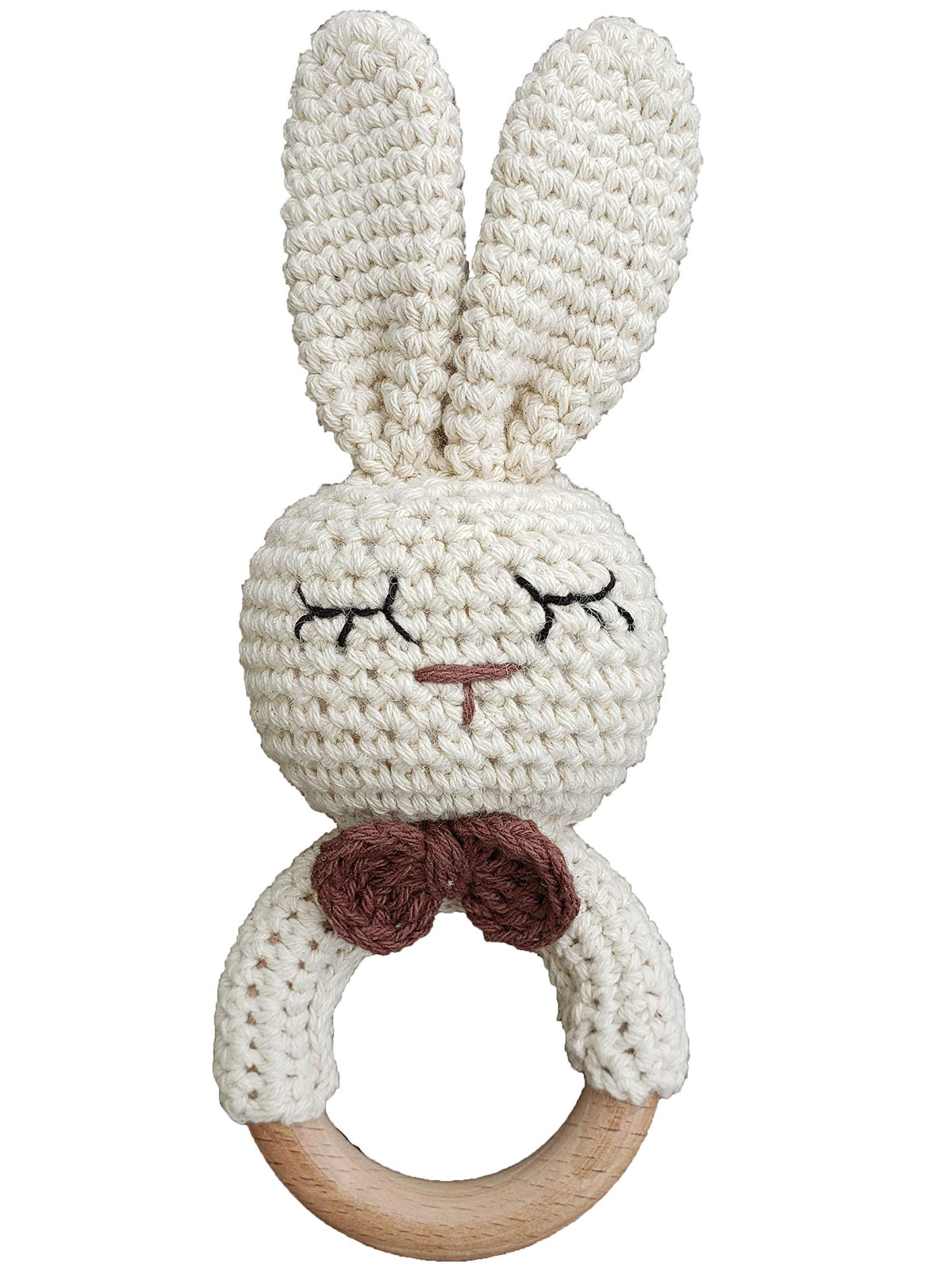 Natural Crochet Teether Toy Rattle for Baby Forest Friends Handmade Amigurumi Crochet Bunny Deer Fox on Natural Wooden Teething Ring Rattle Natural Baby Toys (Organic Bunny)