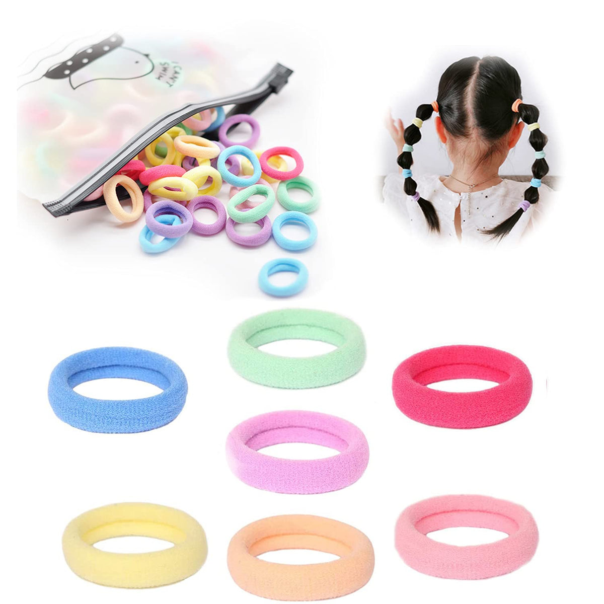 100PCS Baby Hair TiesElastics Candy Color Baby Hair Bands and Multicolor Ponytail Holders Hair Accessories for Kids Girls2.5cm in Diameter (7 Colors)
