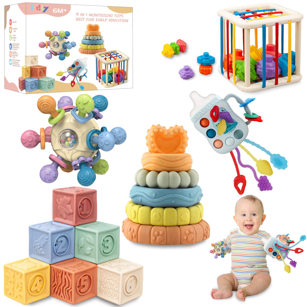 i diy Baby Toys 0-6-12 MonthsMontessori Toys for babise 0-6-12-18 MonthsIncl Pull String Toy & Shape Sorter & Stacking Baby Block & Manhattan Ball & Baby Blocks，Montessori Baby Toys for 1 + Year