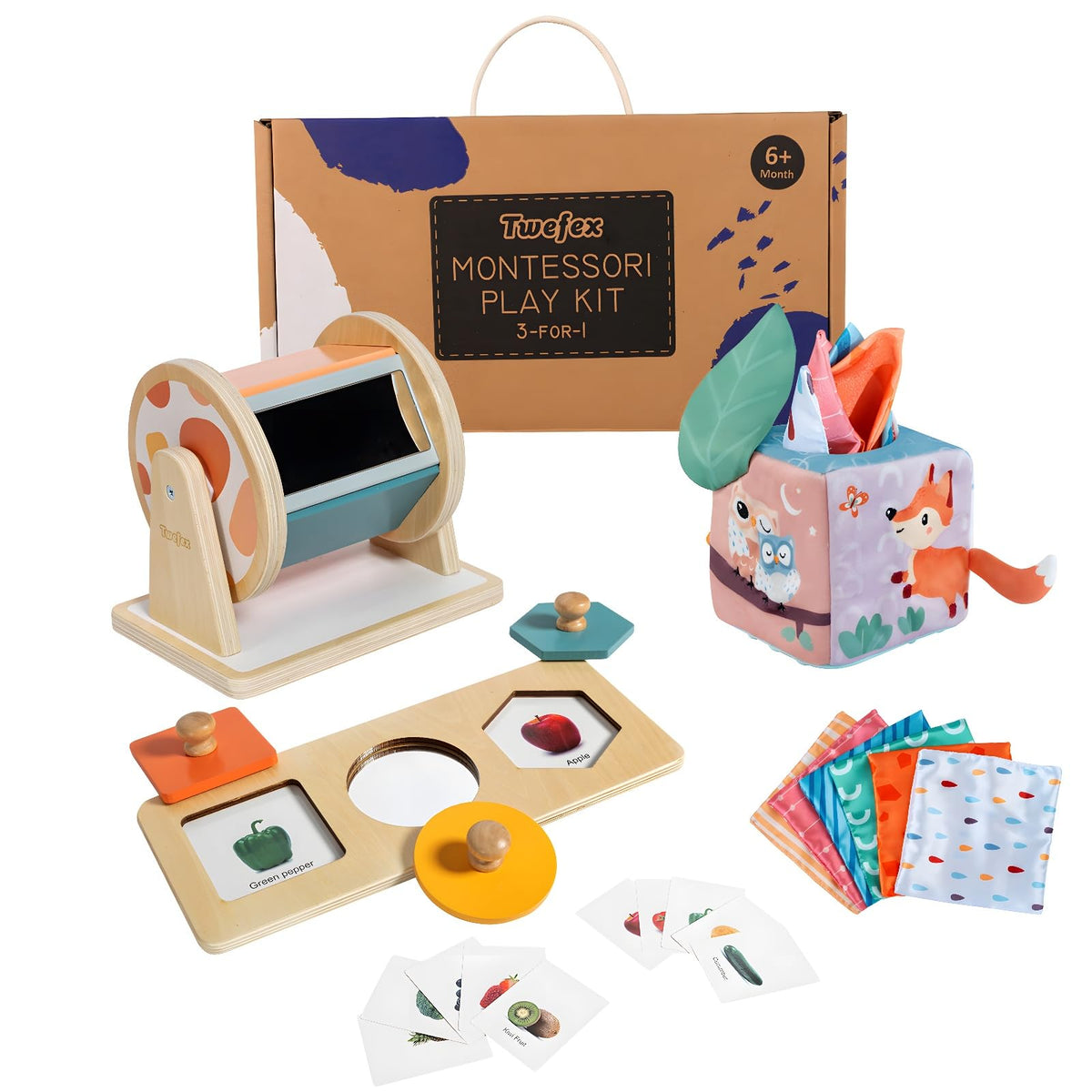 Twefex Baby Toys 6-12 Months - 3 in 1 Baby Toys Play Kit - Medium Spinning Drum - Baby Tissue Box Toy - Peekaboo Knob Puzzle with Cards - Montessori Toys 6-12 Months